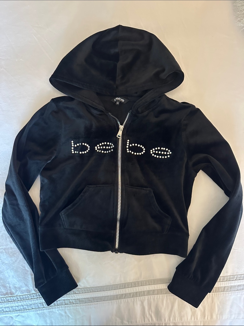 Vintage bebe Black Velour Rhinestone cropped hoodie